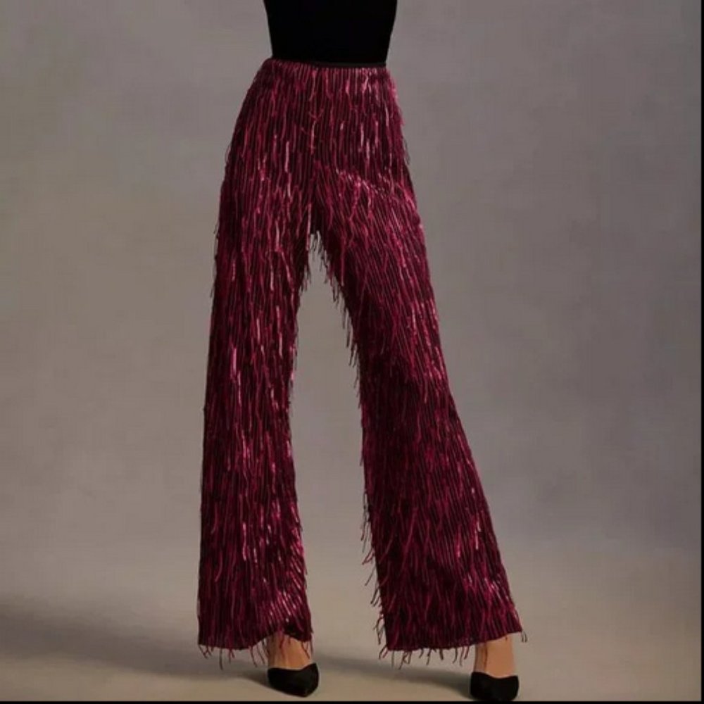 Anthropologie Maeve Sequined Wide Leg Pants Plum PETITE - Picture 6 of 10